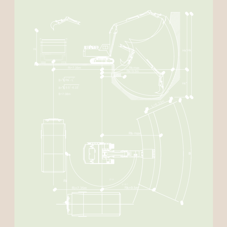 Technical drawing of an excavator showing digging depth, radius, and truck loading dimensions in plan and elevation.
