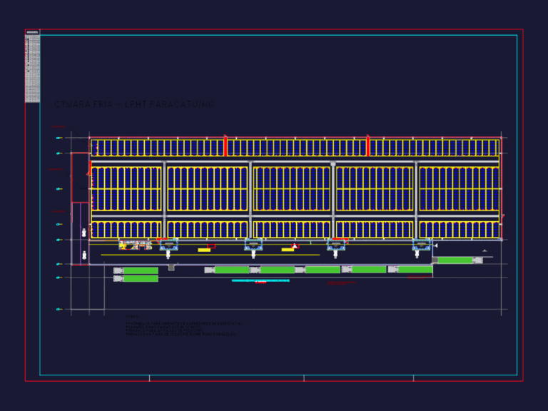 Industrial cold storage floor plan showing extensive pallet racking, loading docks, and truck maneuver areas.