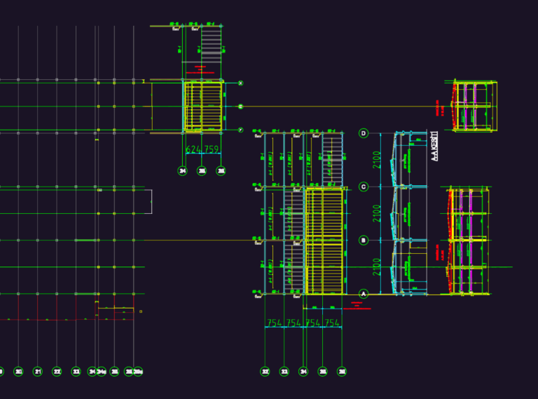 Structural steel floor assembly plan and section A-A for an industrial warehouse building.