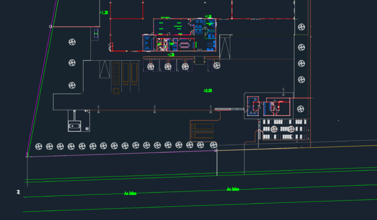 CAD site plan and elevations for an industrial factory with office and warehouse blocks.