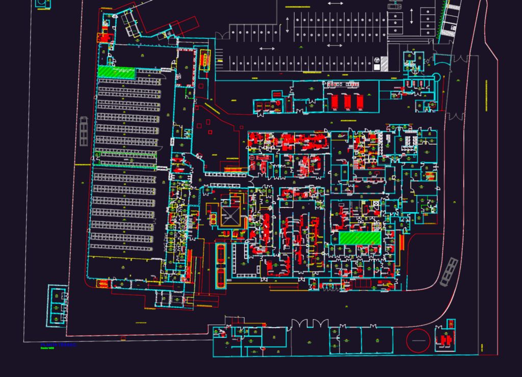 Detailed floor plan of a pharmaceutical production plant showing cleanrooms, labs, and equipment layout.