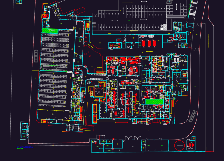 Detailed floor plan of a pharmaceutical production plant showing cleanrooms, labs, and equipment layout.