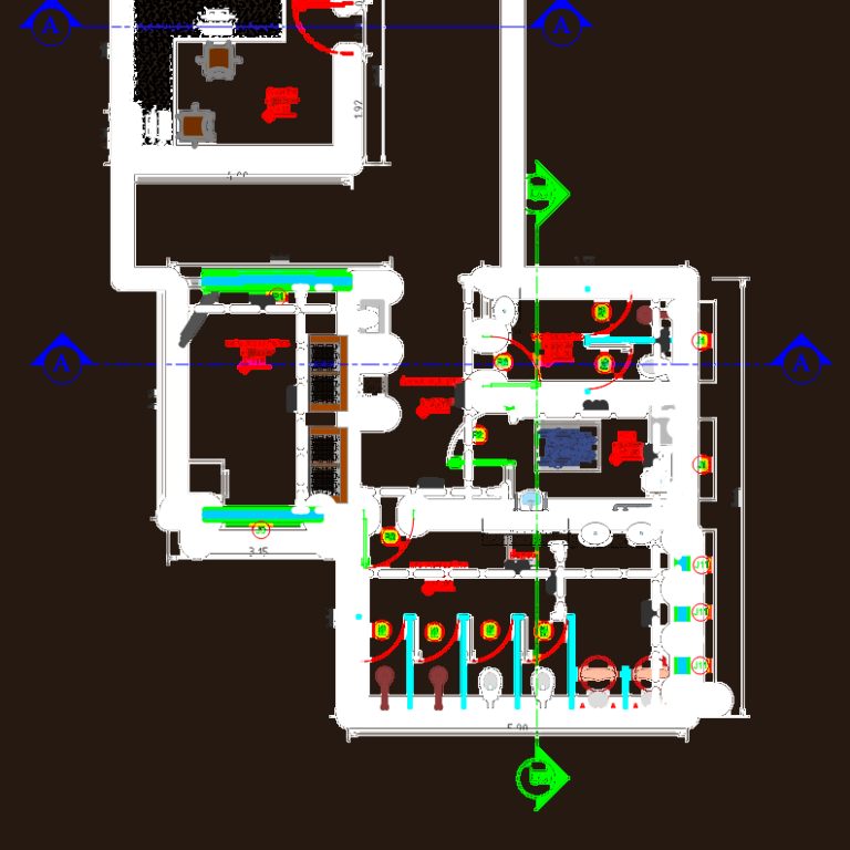 CAD floor plan for a driver reception area and restrooms with dimensions and section markers.