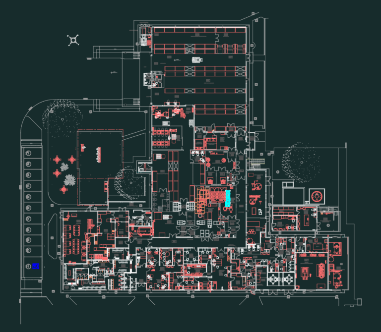 Ground floor architectural layout of a pharmaceutical production facility showing rooms and equipment layout.