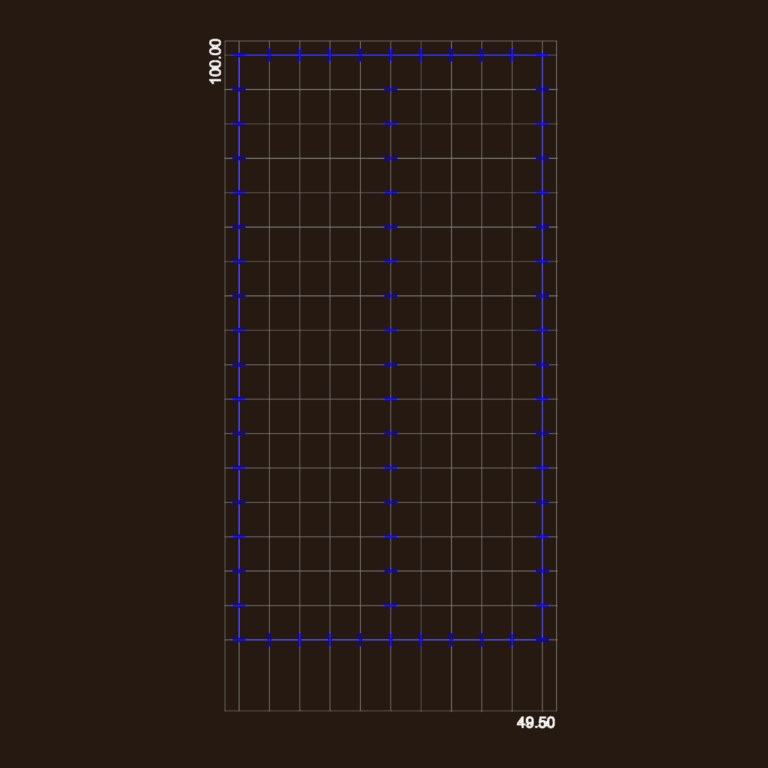 Top view of a structural grid for a 100 by 50 meter industrial warehouse foundation.