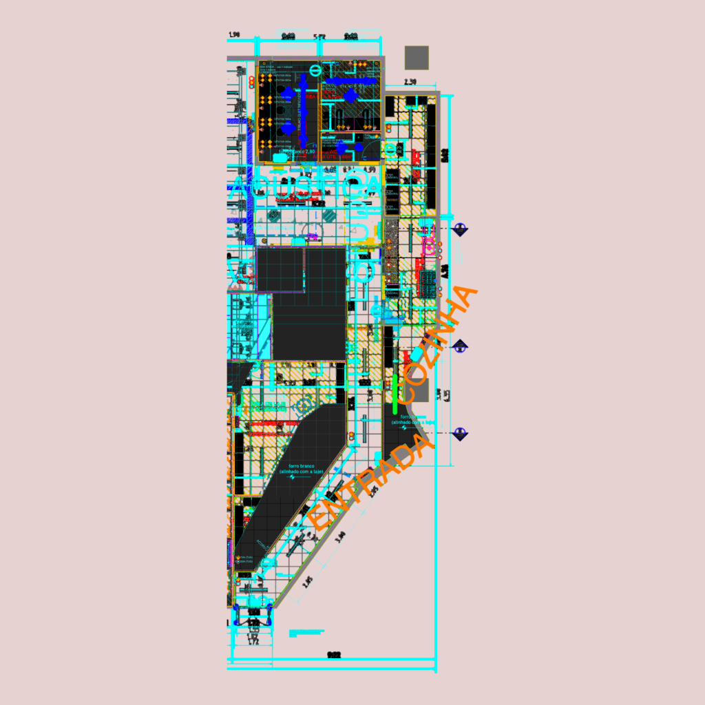 Detailed architectural floor plans and interior sections for a studio and retail space with lighting grid details.
