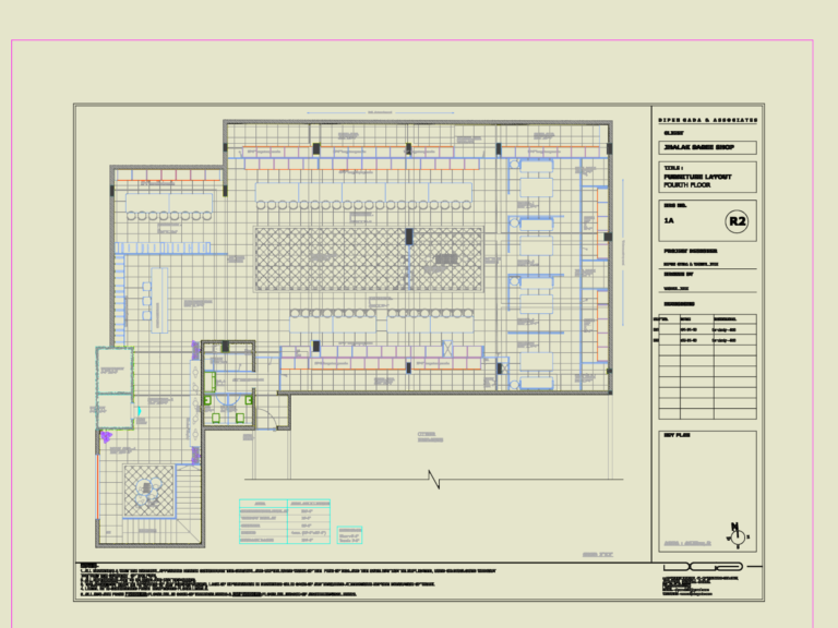 Fourth floor furniture layout for JHALAK SAREE SHOP showing display racks, studio rooms, and counter placement.
