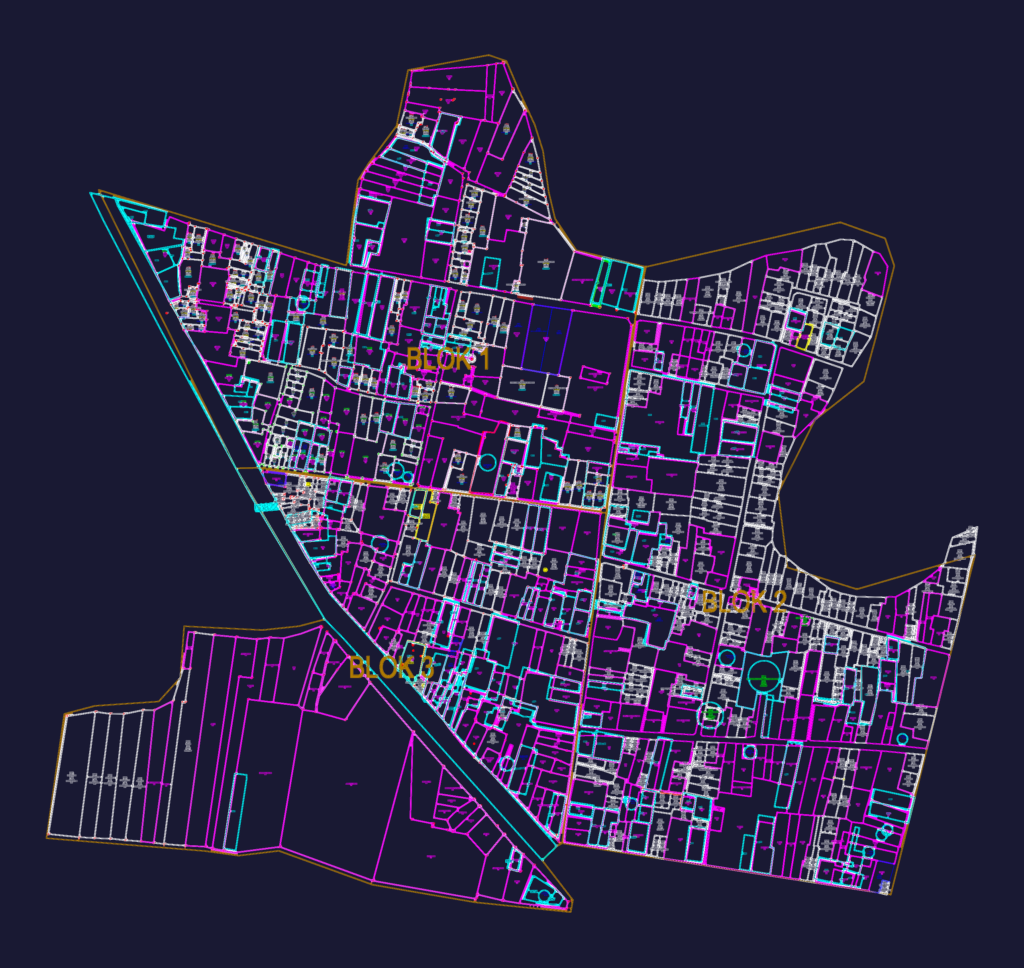 Colorful cadastral map showing land parcel divisions, block numbers, and owner annotations for Josari village.
