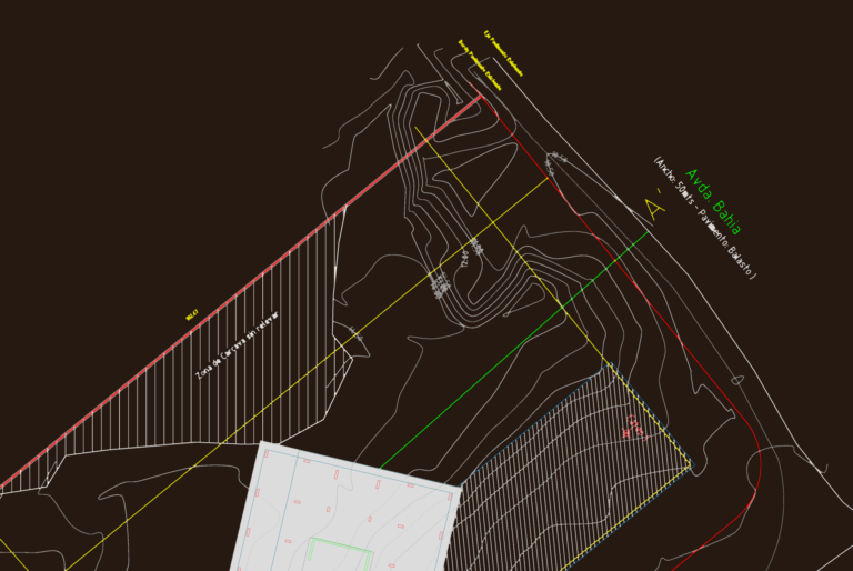 Topographic site plan with trial pit locations, contour lines, and longitudinal road profile.