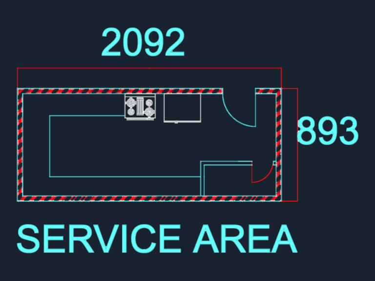 CAD floor plan showing a large eating area and a smaller service kitchen layout.