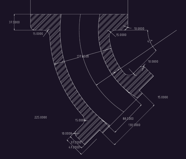 2D CAD section profile of a curved mechanical component with dimensions and hatching.