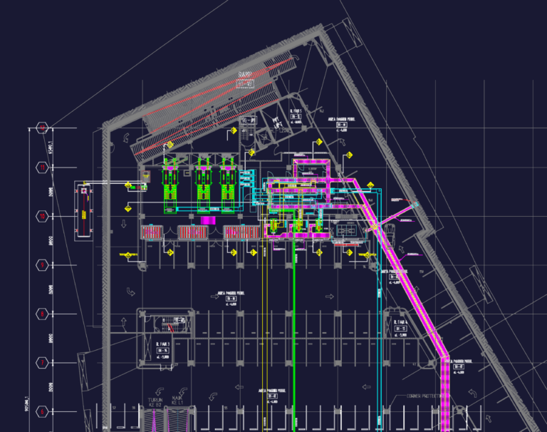 Electrical layout of a powerhouse room featuring diesel generators, transformers, and complex bus duct systems.