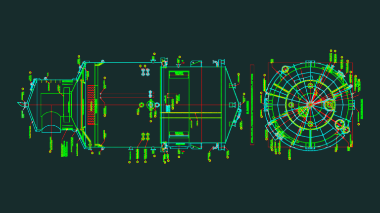 CAD elevation and plan view of an industrial evaporator vessel with process connection labels.