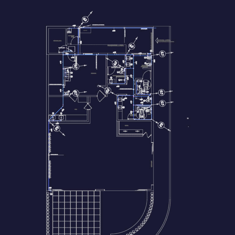 Plumbing plan for a restaurant in Santarém with pipe networks, bathroom details, and symbol legends.