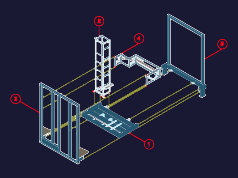 Exploded isometric view of a ThyssenKrupp elevator simulator structural frame with numbered part callouts.