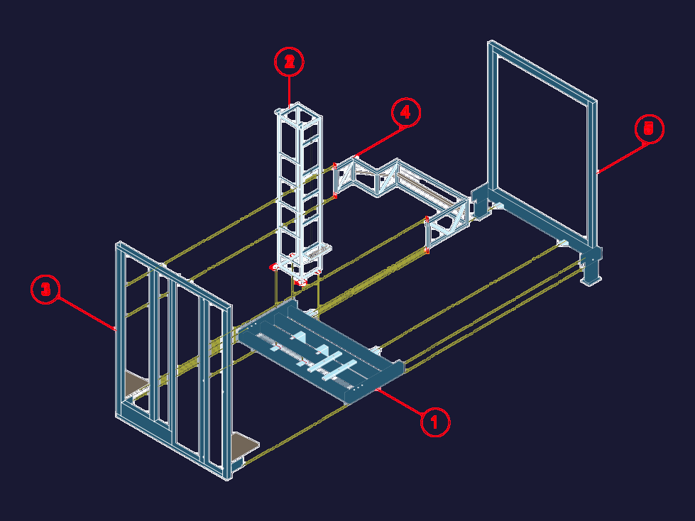 Exploded isometric view of a ThyssenKrupp elevator simulator structural frame with numbered part callouts.
