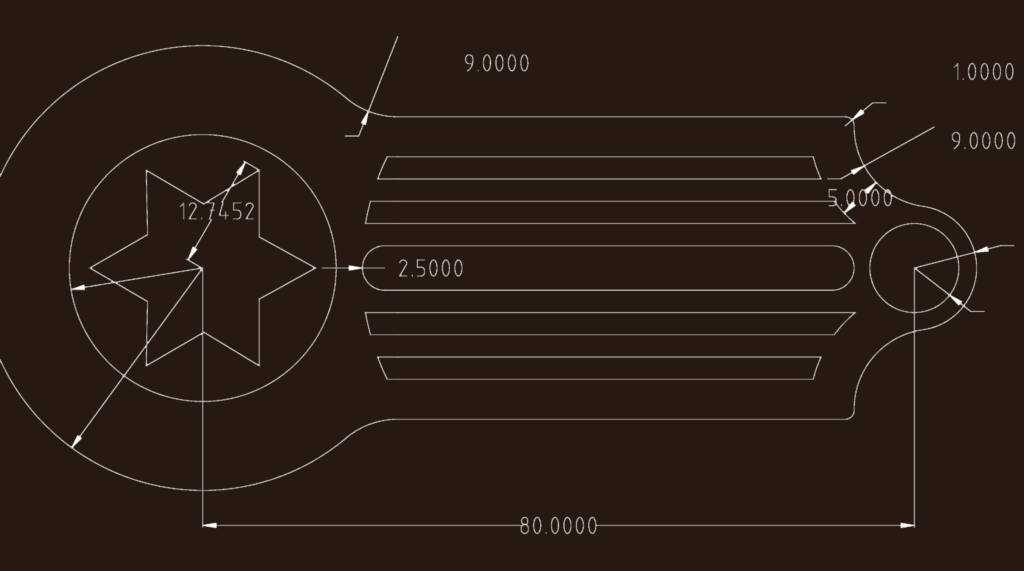 2D mechanical CAD drawing of a link with a star-shaped cutout and handle showing dimensions in inches.
