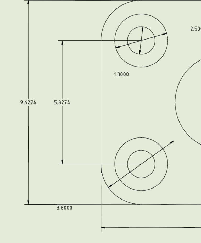 CAD drawing of a mechanical mounting plate with dimensions and circular holes.