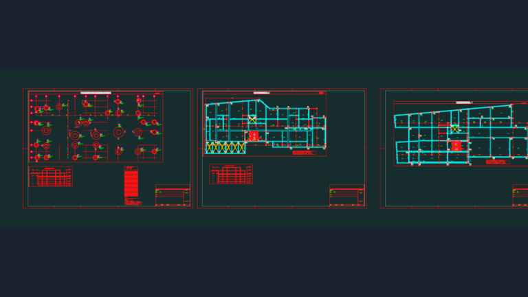 Technical CAD drawing of foundation geometric project and multi-level basement formwork plans with column reaction tables.