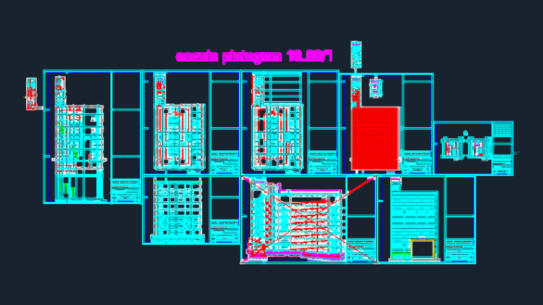 Architectural drawings of a multi-level parking garage including floor plans, section views, and elevations.