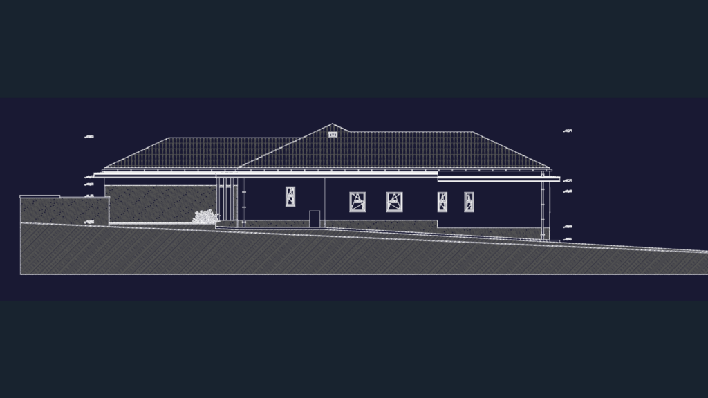 Architectural elevation drawing of a single-story building with a pitched roof and labeled windows on sloped ground.