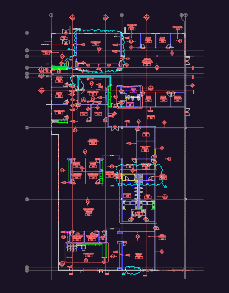 Level 1 architectural floor plan for an office with showroom, warehouse, and fitness center.