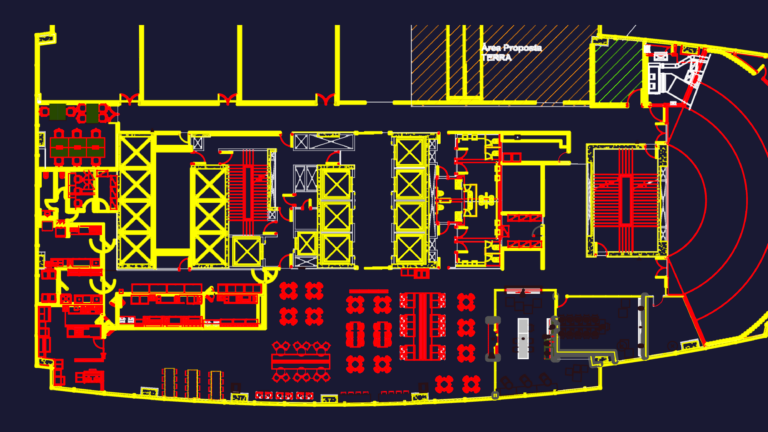 Detailed CAD floor plan showing a commercial office layout with furniture, meeting rooms, and elevator banks.