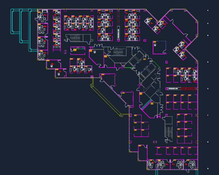CAD floor plan of a large corporate office with cubicles, desks, and core building services.