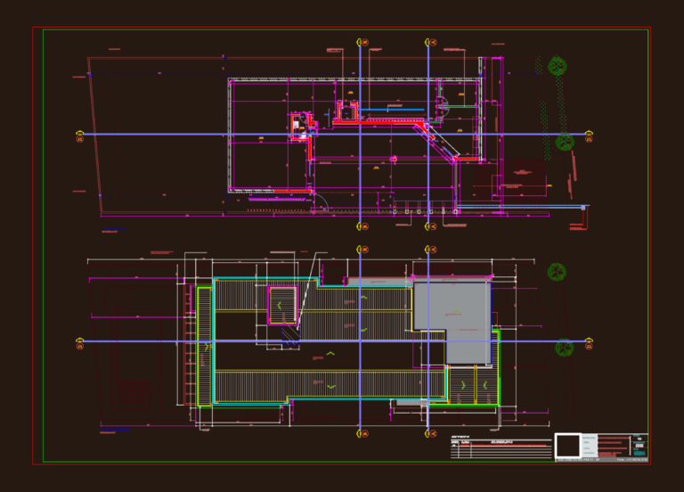Architectural floor plans and sections for a large two-story house with a basement and pool.