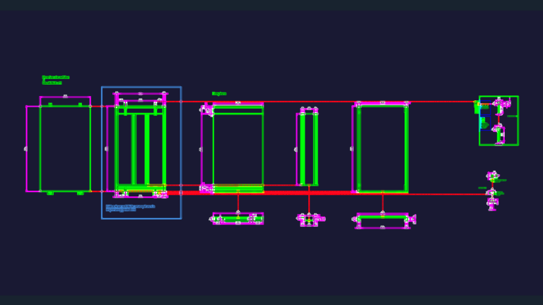 Technical elevations and sections of an elevator simulator frame with labeled components and dimensions.