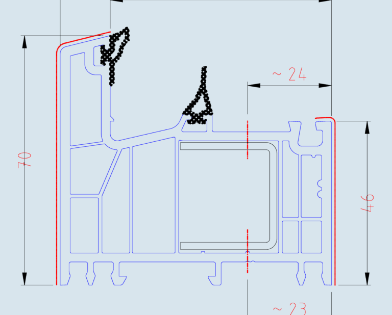 CAD section drawing of a multi-chamber PVC window profile with steel reinforcement and dimensions.