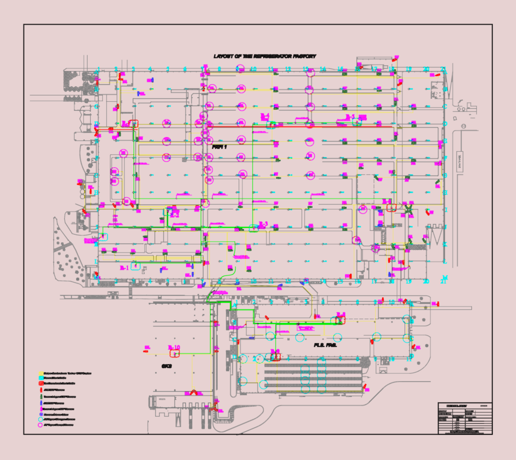 Detailed CAD layout showing CCTV camera positions, rack cabinets, and monitoring rooms inside an industrial factory.