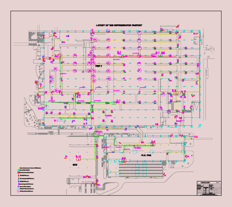 Detailed CAD layout showing CCTV camera positions, rack cabinets, and monitoring rooms inside an industrial factory.