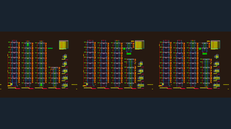 Structural CAD drawing showing detailed concrete column elevations, sections, and rebar reinforcement schedules.