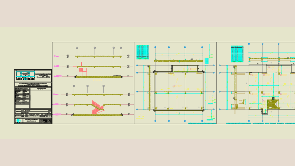 Structural engineering DWG showing foundation plan, formwork, sections, and reinforcement tables for a concrete building.