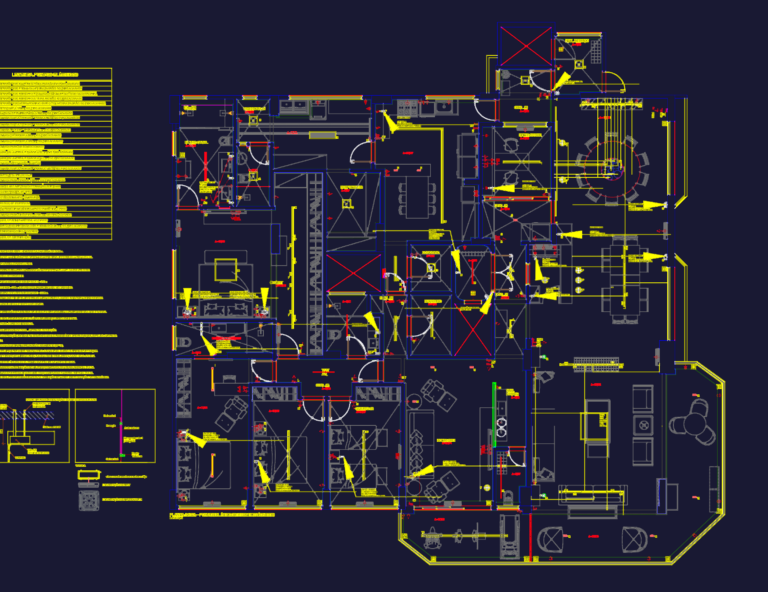 Apartment floor plan showing electrical symbols, lighting points, and room labels in Portuguese.