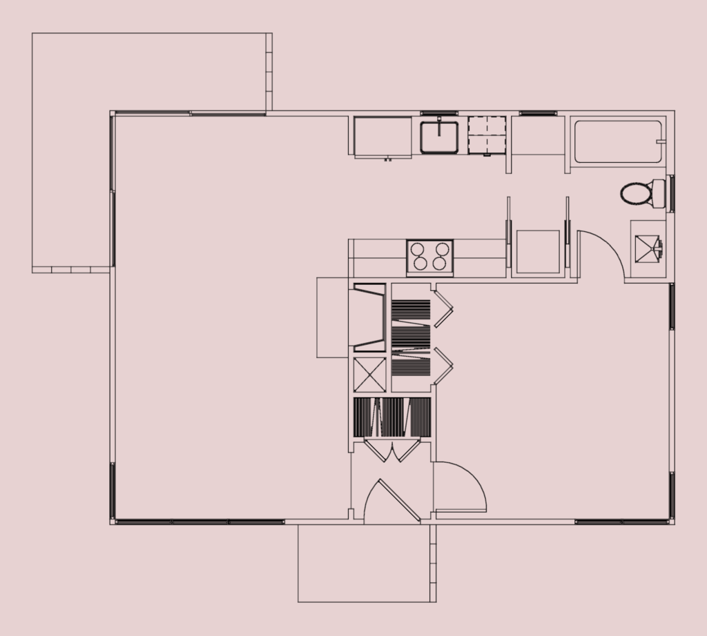 2D CAD floor plan of a studio apartment with kitchen, bathroom, and patio area.