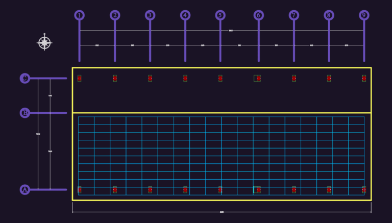 Structural grid plan for a steel building showing column positions and axes.