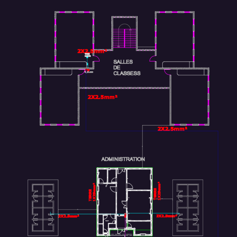 Electrical CAD layout showing lighting and power distribution for a school building with classrooms and offices.