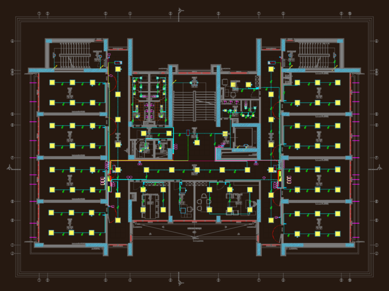 Detailed electrical lighting layout plan for a school building floor showing classroom fixtures and panel wiring.