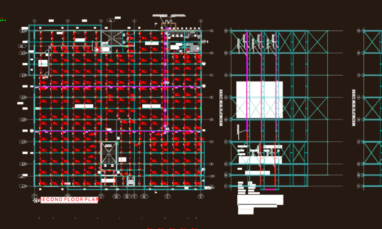 Second floor fire sprinkler system layout plan with piping mains, hydrant nodes, and elevation details.