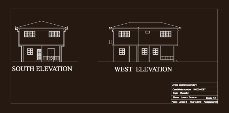 CAD drawing showing the South and West elevations of a two-story house.