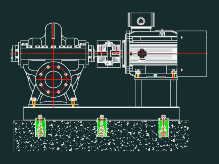 Side and front elevation CAD drawings of a Xylem horizontal split case pump with motor and mounting base.