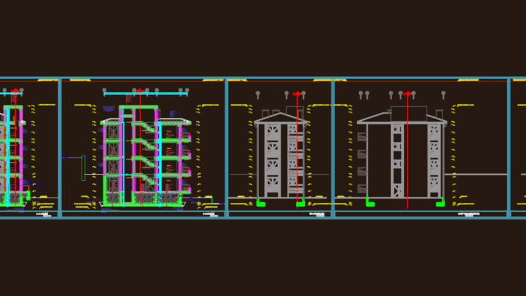 Architectural drawings showing site plan, floor layouts, sections, and elevations for a residential apartment.