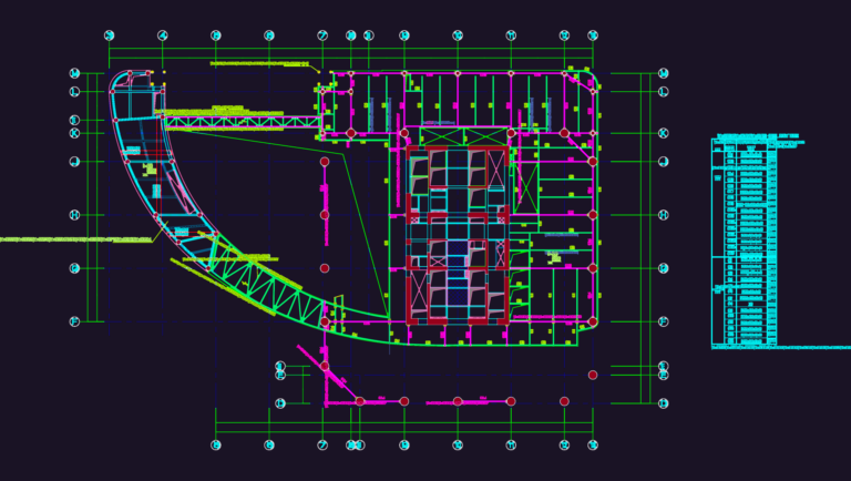 2D CAD structural floor plan showing steel beam layout and a detailed beam specification table.
