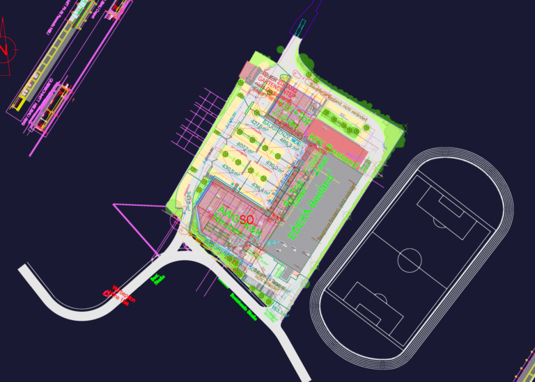 Architectural site plan for a commercial shopping center featuring parking areas and retail building extensions.