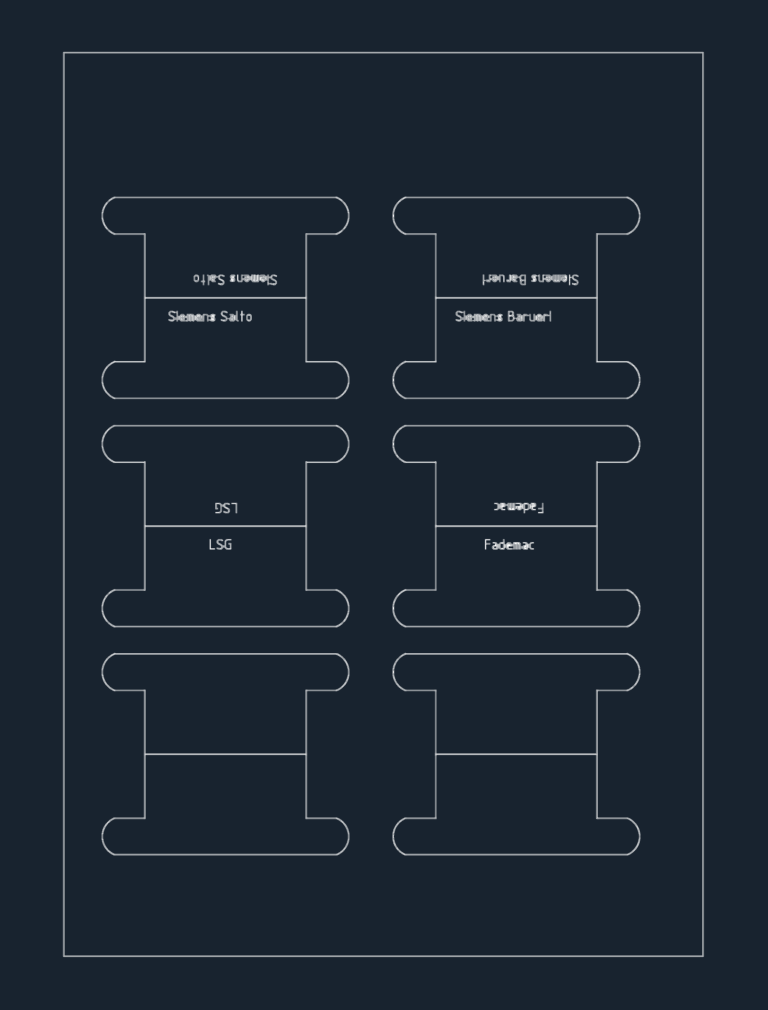 2D CAD layout of hanging folder label tabs on an A4 sheet template with office text.