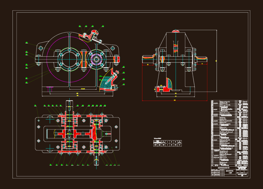 Technical CAD drawing of a single-stage gearbox assembly with sectional views and parts list.