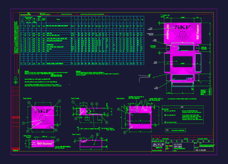 2D CAD layout for SKF bearing cardboard packaging showing dimensions and technical printing specifications.