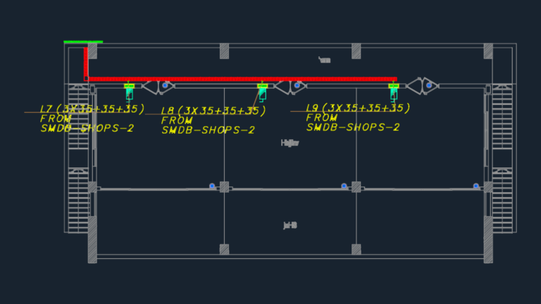 First floor shop electrical layout showing cable routing and power distribution lines from SMDB.